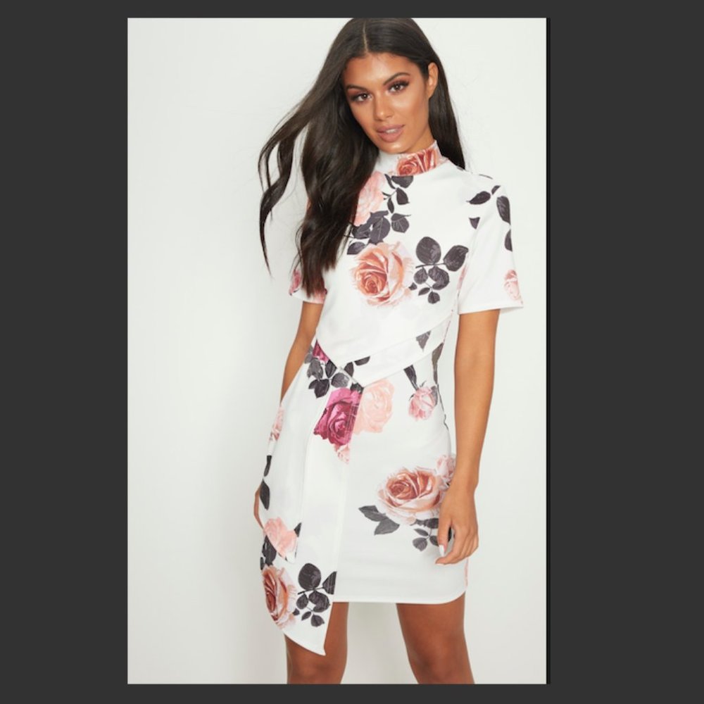 PrettyLittleThing White Floral High Neck Pleated Detail Shift Dress Size 10